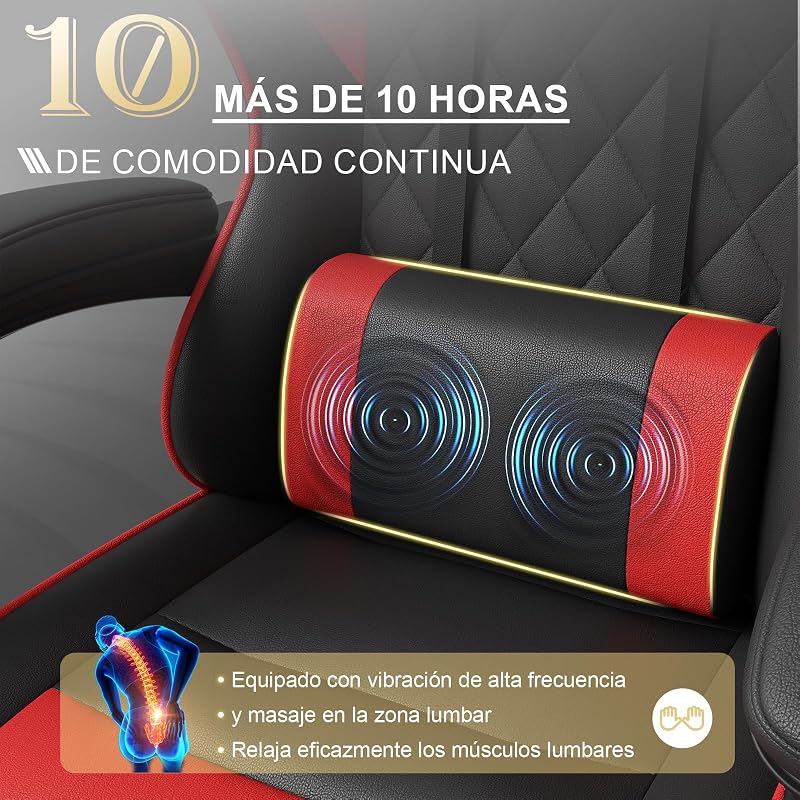 Cadeira profissional de gaming com massageador, cadeira de gaming em PU com apoio de cabeça e apoio, cadeira ergonómica de escritório com massagem lombar, reclinável entre 90-150° e capacidade de 150KG vermelho-preto