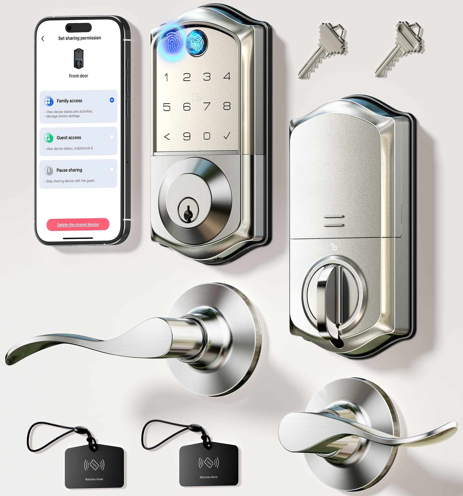 Photo 1 of Veise VE017-L Fingerprint Smart Lock with 2 Lever Handles, Keyless Entry Front Door Lock Set, App Control, Electronic Digital Keypad Deadbolt, Easy Installation, Emergency Power Port, Satin Nickel
