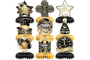 YVAINE 9 Pieces Happy New Year Party Table Decoration,Black Gold New Year Honeycomb Centerpieces for 2025 New Years Eve Party Decoration Supplies