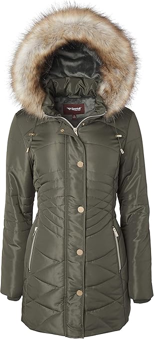 Women Longer Length Plush Lined Quilted Winter Puffer Coat Zip-Off Fur Trim Hood: Amazon.ca 