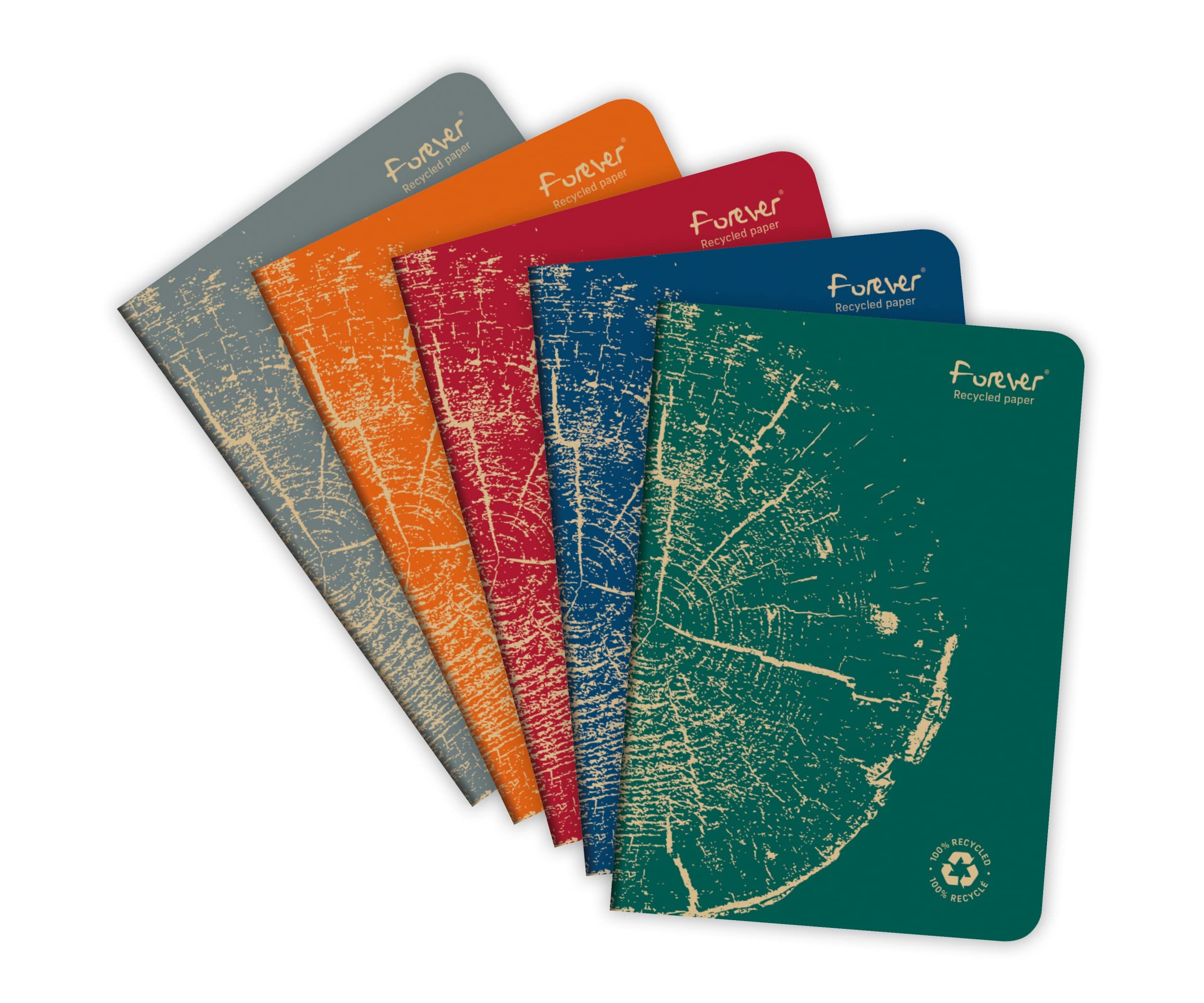 Clairefontaine 68486C Set of 5 Stapled Notebooks Forever Collection Stapled Recycled - A5 14,8x21cm - 96 Lined Pages - White Paper 90g - Cover Random Colours