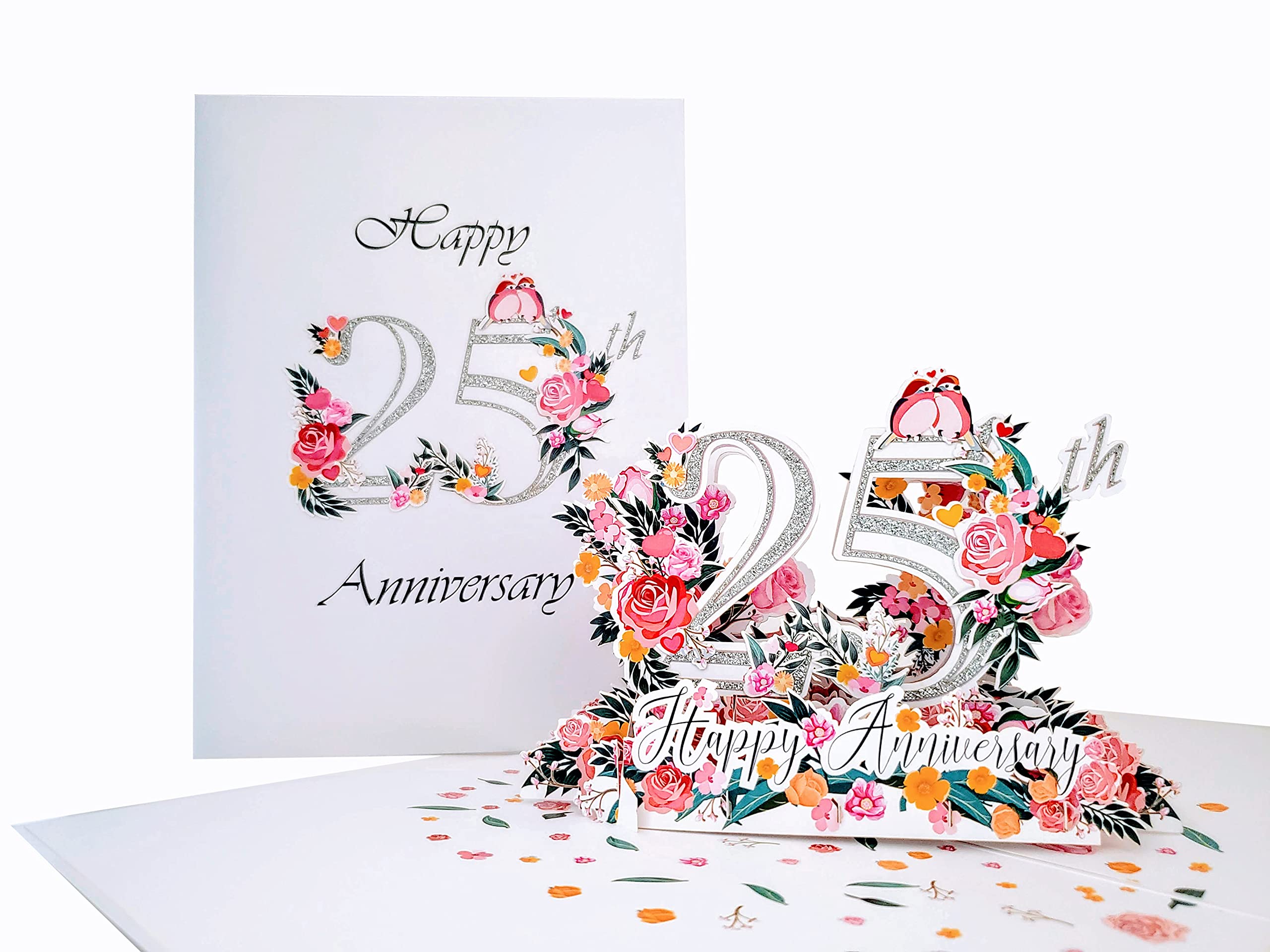 iGifts And Cards Happy 25th Milestone Anniversary 3D Pop Up Greeting Card - Soulmates, Celebration, Marriage, Being Together, Love and Happiness, Silver, Lovebirds, Congratulations, Romantic