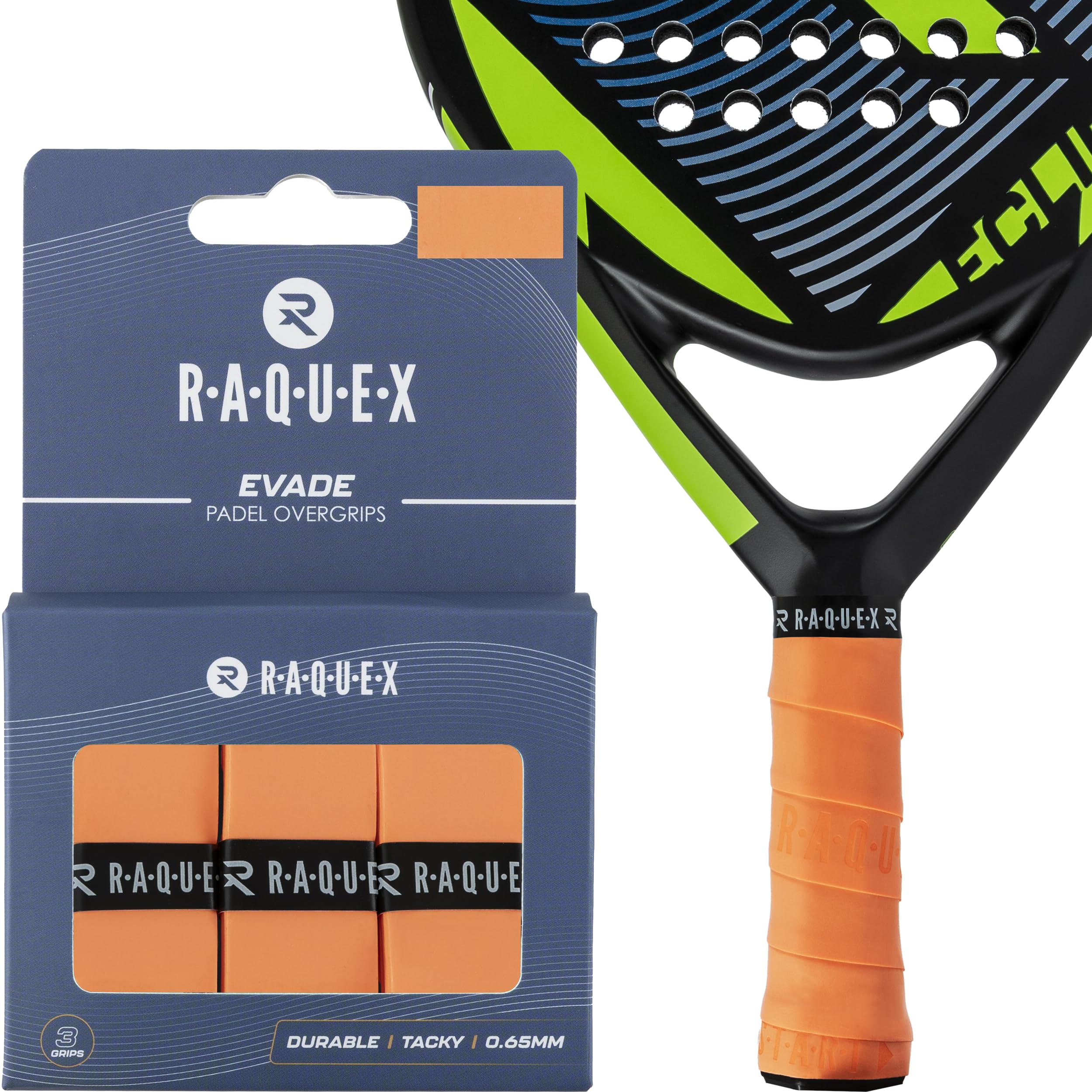 Raquex Evade Padel Racket Overgrip – 10 Colours - 3 Pack Padel Ball or Pickleball Racquet Tape, 0.65mm Thickness – Absorbent, Slightly Tacky Anti Slip Over Grip (Orange)