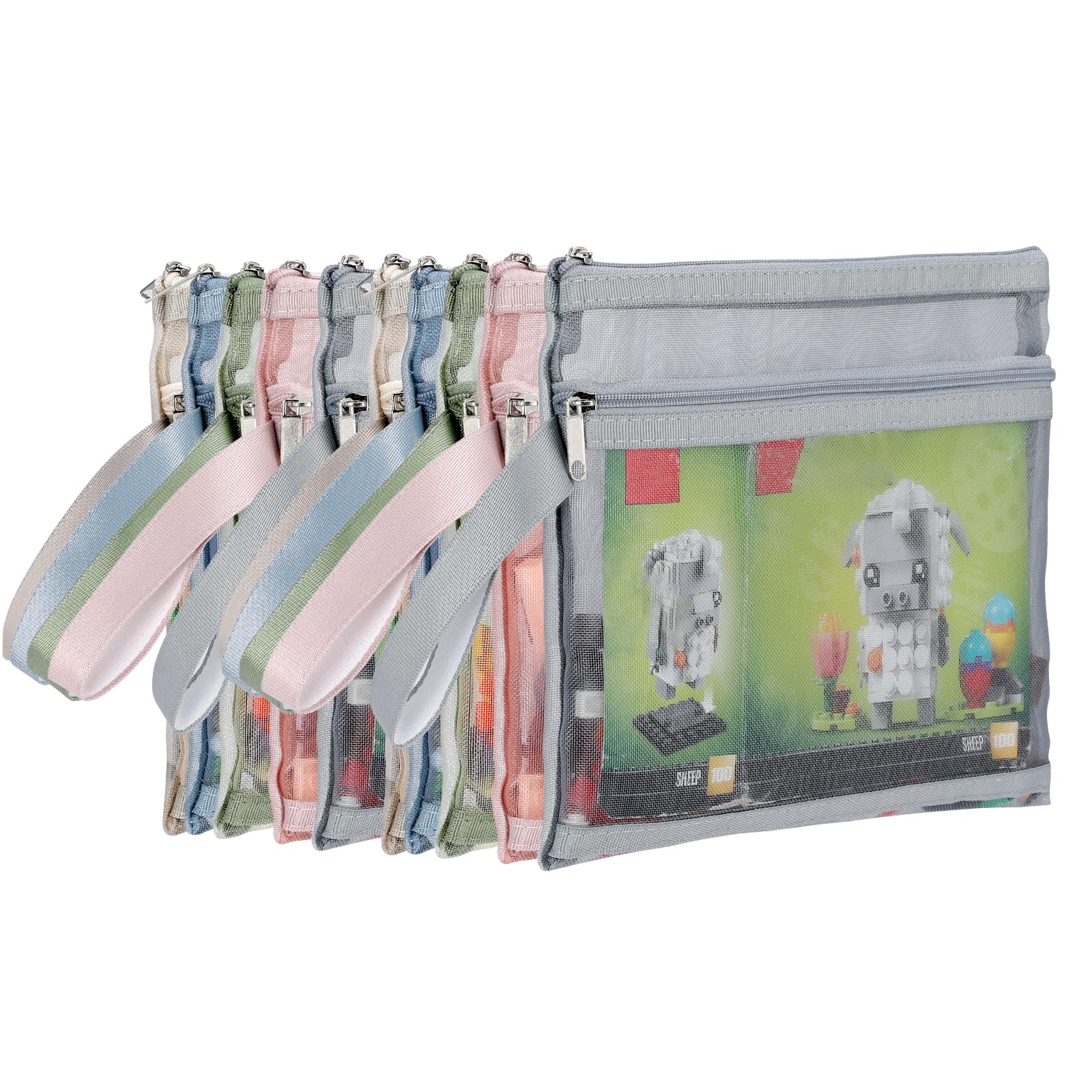 Colored Mesh Zipper Pouch Bags, Double-Layer Nylon Puzzle Building Block Sets Toy Storage & Organization, Breathable See Through A4 Zipper Pouch with Handle for School Office Games (A5-2Layers)