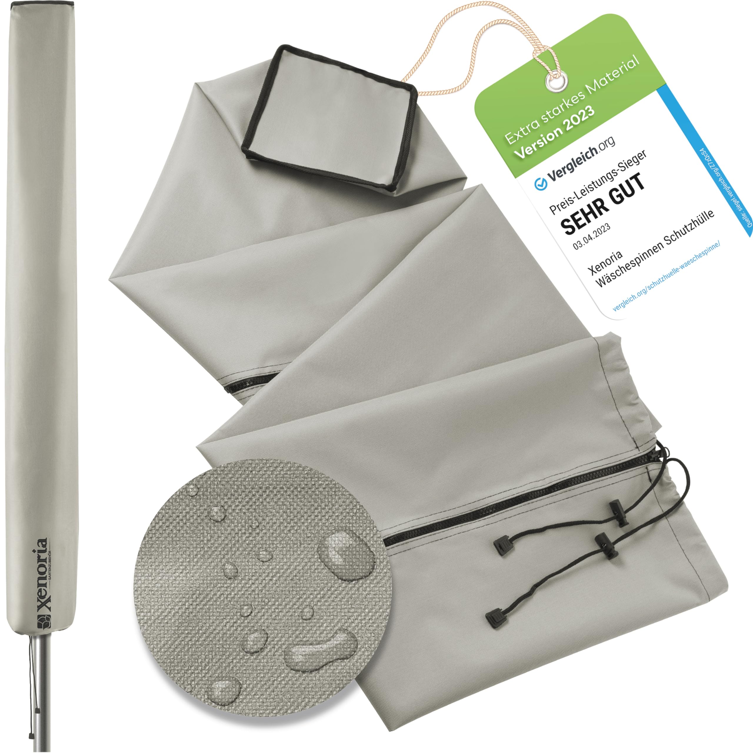 Xenoria Premium Rotary Airer Protector, Suitable for All Models, Robust 600D Oxford Fabric, Water-Repellent and UV-Resistant, Full Length Zip, Size 200 cm, Light Grey