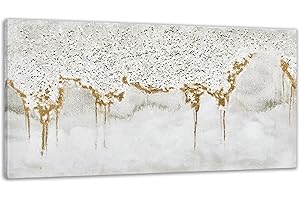 TRAIN2 ART Textured Abstract Glitter Artwork Canvas Wall Art, White Acrylic Painting and Gold Foil Oil Painting Wall Art on Canvas, for Living Room Decor Gold and Gray (gold, 24X48inch)