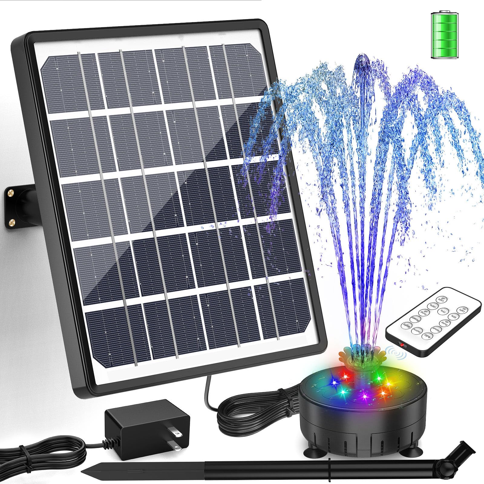 Photo 1 of AISITIN 8W Solar Water Fountain with Colorful LED Lights & 3000mAh Rechargeable Battery, Remote Control Solar Fountain Pump with 16 Nozzles and Charging Cable for Garden, Bird Bath, Pond and Outdoor