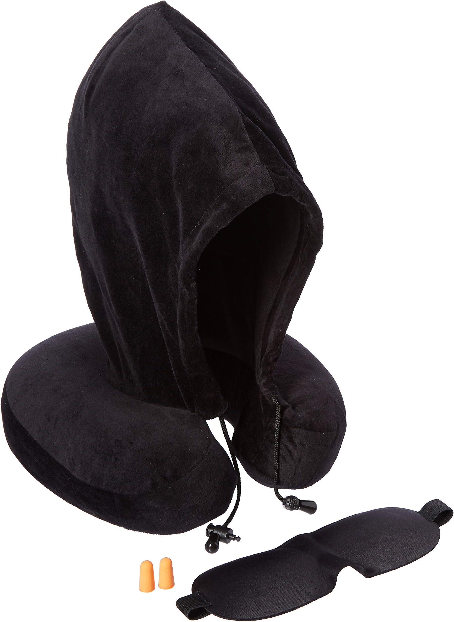 Cozzzy Traveler Ultimate Luxury Quality 100% Memory Foam Travel U Shape Neck Pillow w/Ultra-Soft Premium Velvet Hoodie (Black) Free Trendy Carry Bag, Ear Plugs, Eye mask. Perfect for Your Cozy Travel
