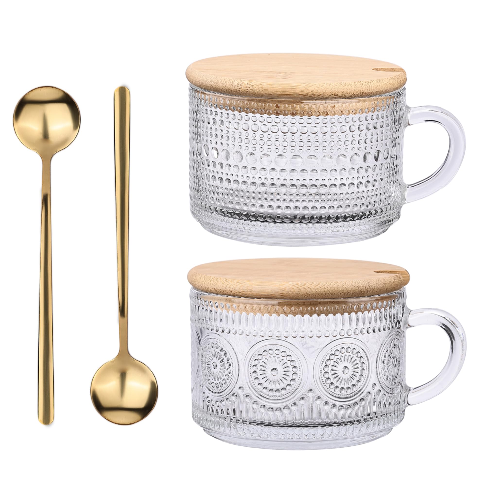 Vintage Glass Coffee Mugs Set of 2,Clear Embossed Glass Tea Cups with Bamboo Lids and Spoons, Cute Coffee Bar Accessories, for Cappuccino, Latte, Overnight Oats, Cereal,Yogurt,Gift(Translucent)