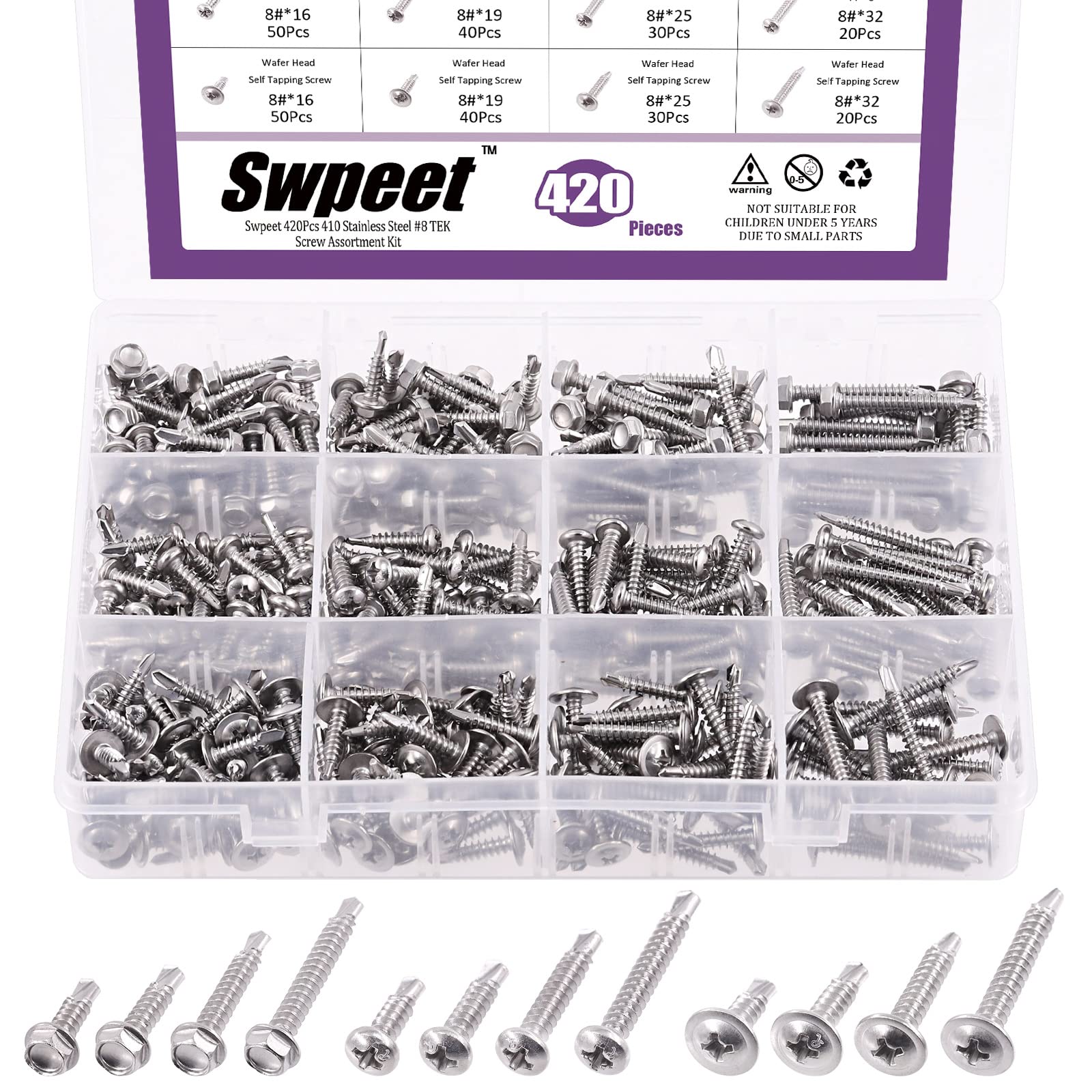 Swpeet 420Pcs Stainless Steel #8 Self-Drilling Screws Assortment Kit, 3 Types Phillips Pan Head, Hex Washer Head, Wafer Head, 410 Material, 4 Sizes, 420Pcs, Sheet Metal Screws — image 1