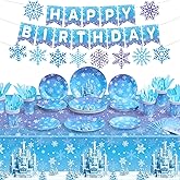 Domensi 173 Pcs Winter Snowflake Party Supplies Christmas Winter Tableware Set Snowflake Tablecloth Plates Cups Napkins Spoons Forks Knives Banner for Xmas Holiday Birthday Party Decoration