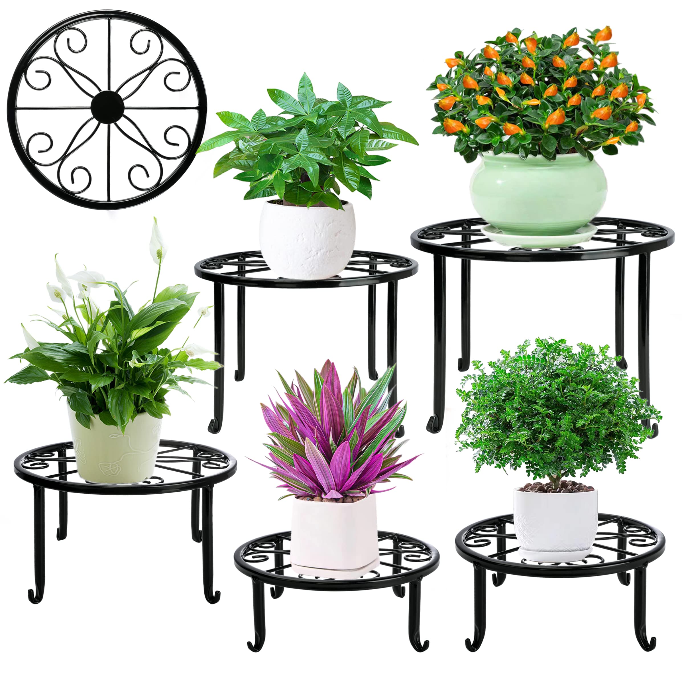 Photo 1 of Metal Plant Stand 5 Pack Plant Stands for Indoor Outdoor Plants Multiple Heavy Duty Flower Pot Stand Holder Rustproof Iron Round Plant Shelf for Planter Outdoor Plant Stand for Patio & Garden Décor
