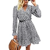 KIRUNDO Women Casual Summer Fall Dresses Long Sleeve Floral Wrap V Neck High Waist Ruffle Tiered A Line Flowy Mini Dress