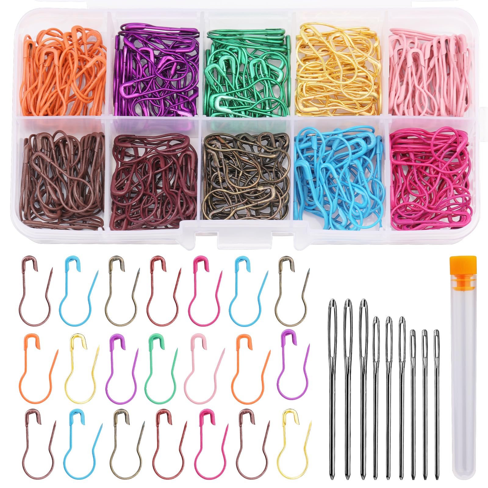 Namner Stitch Markers for Knitting,10 Colors & 300 Markers Crochet, Safety Pins, Knitting Stitch Markers, Crochet Accessories, with Blunt Sewing Needles