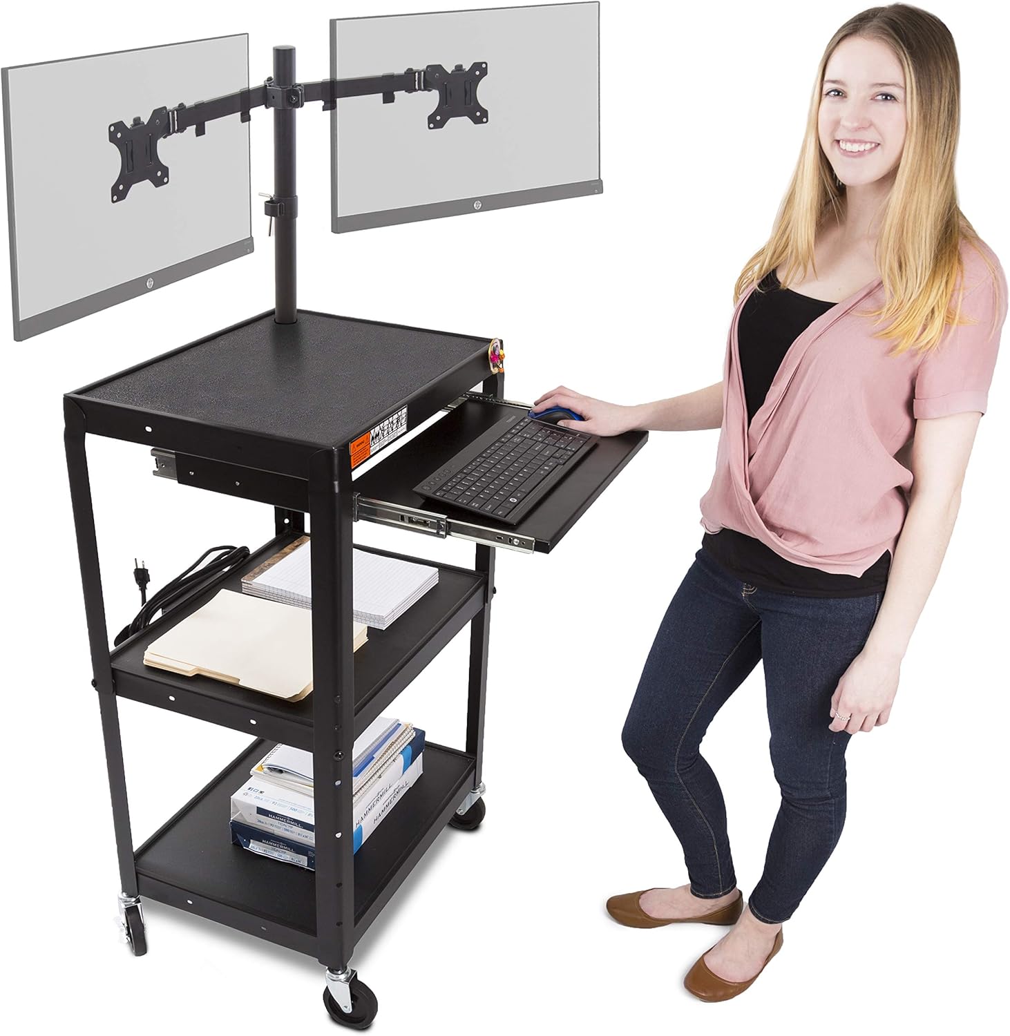 Line Leader AV Cart with Keyboard Tray and Dual Monitor Mount - Mobile Workstation/Presentation Cart with Monitor Arm - Take Your Office On-The-Go with Our Stand Up Computer Cart (Black / 24 x 18) : Office Products