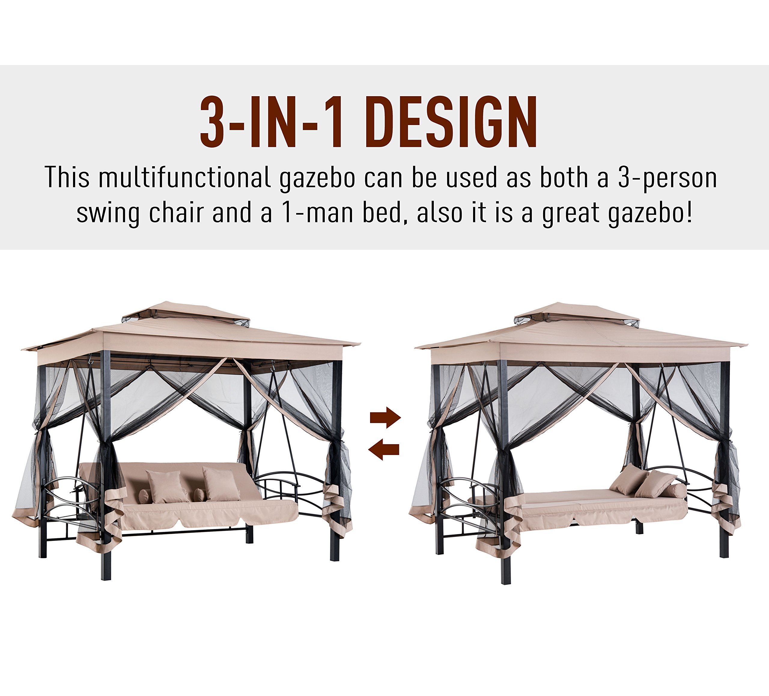 (BOX 2&3 ONLY) 3 Person Outdoor Patio Daybed Gazebo Swing with UV Resistant Canopy and Mesh Walls