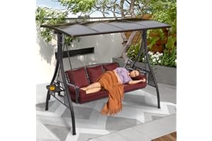 Yalissey 3-Seat Patio Porch Swing with Adjustable Hardtop,3 in 1 Convertible Outdoor Porch Swing for Adults,Patio Swing with Thicken Cushion,Pillows & Cup-Holders for Porch,Backyard,Garden (Wine Red)