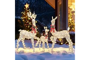 Alupssuc 3-Piece Large Pre-Lit Christmas Deer Family Set Outdoor Yard Decorations,60"H Lighted Holiday Reindeer Decor for Front Yards Garden Lawn Patio with 310 Warm White Lights＆Stakes-Champagne Gold