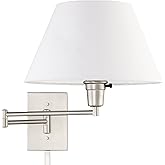 Kira Home Cambridge 15" Swing Arm Wall Lamp - Plug in/Wall Mount + White Fabric Shade, 150W 3-Way + Cord Covers, Satin Nickel