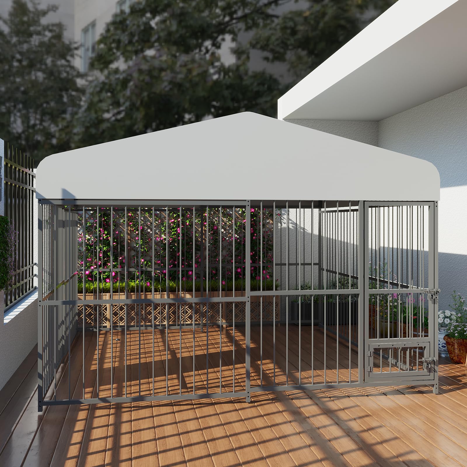 Photo 1 of 10x10x6 FT Outdoor Dog Kennel with Roof, Heavy-Duty Large Dog Cage with Lock, Waterproof Cover & Bowls, Pet Enclosure for Medium & Large Dogs (CARTON 2 OF 2) PARTIAL SET INCOMPLETE