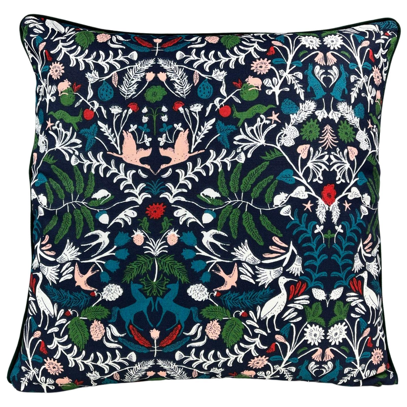 Senkon Home Luxury Cushion Cover. Forest Animals and Flowers 18” x 18” Double Sided Square Throw Pillowcase. Decorative Piped Edges with Invisible Zipper. Linen Cotton