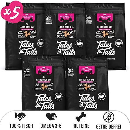 Hundeleckerlis aus 100% Fisch | Natürlich, Zuckerfrei, Getreidefrei, Reich an Omega 3 | Kausnack von Tales&Tails® | 5 Tüten H