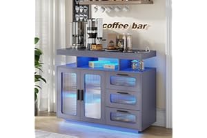 Dystler Coffee Bar Cabinet with Storage, Modern Buffet Cabinet with 3 Drawers and 2 Doors, Sideboard Buffet with Charging Station and Lights, Grey