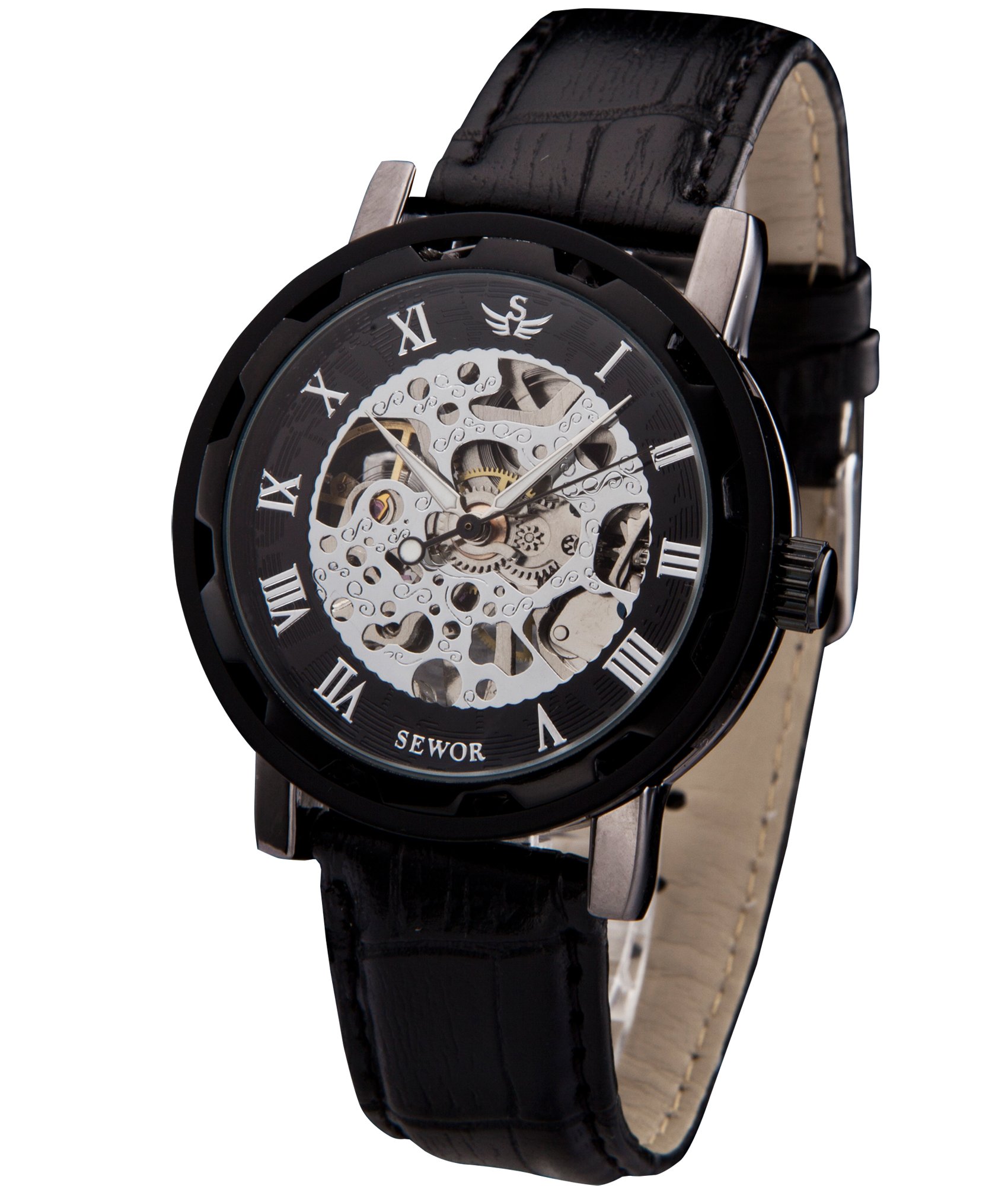SEWOR Mens Hollow Skeleton Carving Orologio da polso meccanico a mano (Nero)