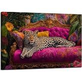 Cheetah Lying On Pink Sofa Canvas Wall Art Eclectic Leopard Wall Decor Pictures Maximalist Animal Portrait Poster Prints for Living Room Home Bedroom Home Decoration 12x16in Ready to Hang