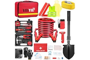 VEIYIE Car Emergency Kit - Roadside Car Safety Kit with 10FT Jumper Cables, Tow Strap, Tool Kit, Reflective Warning Triangle, Road Trip Essentials, for New Drivers, Teens