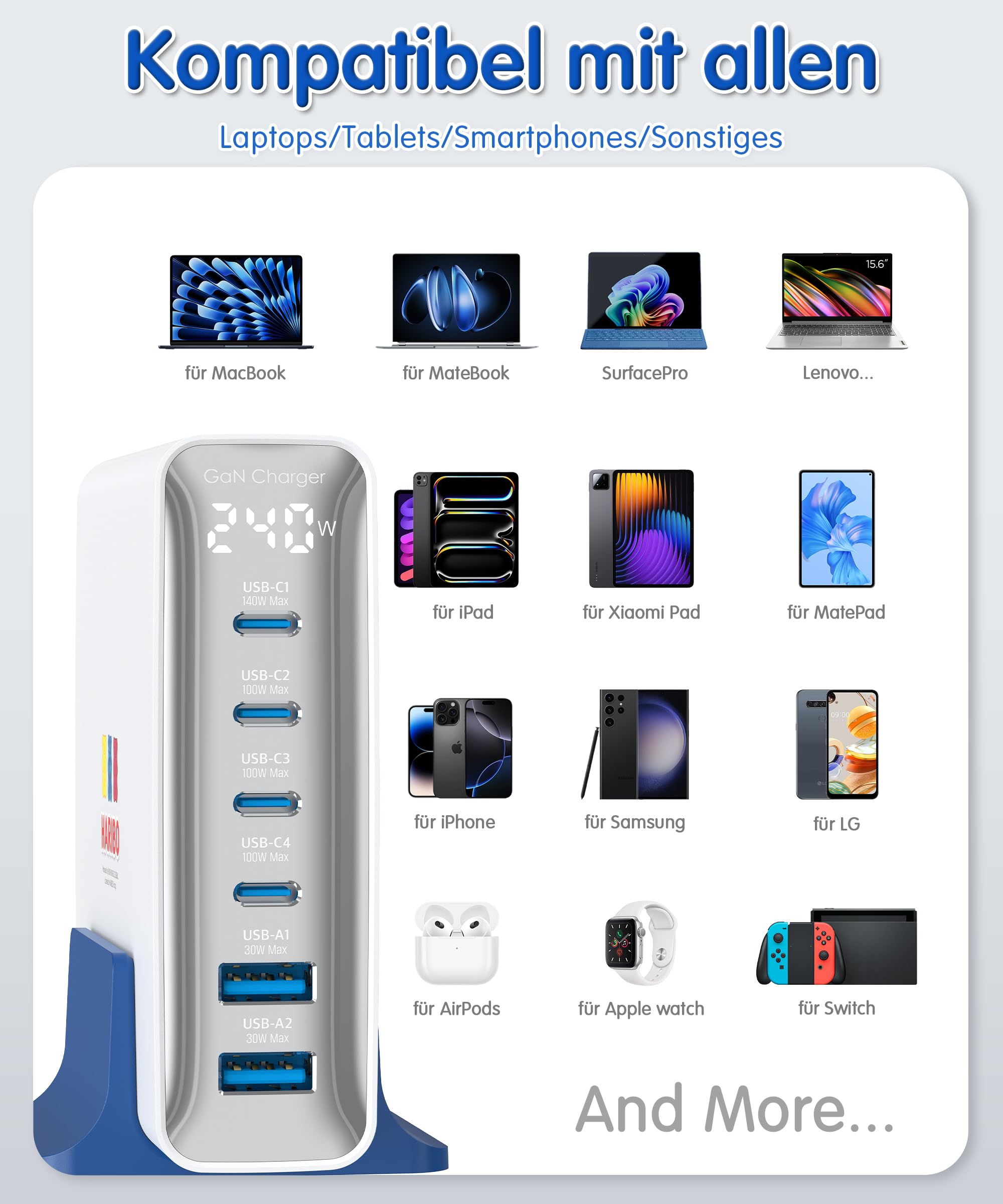 Haribo 240W USB C Ladegerät, 6-Port GaN Schnellladegerät USB-C Netzteil PD3.1 PPS für MacBook Pro/Air, für iPhone 17/16, iPad Pro, Galaxy S25/S24, für Dell XPS/Hp, Laptop ladegerät Geschenk, Blau 7