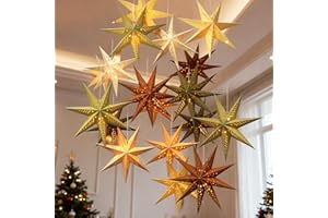 VABAMNA 18Pcs Sage Green Paper Star Lanterns with Lights, Decorative Neutral Christmas Paper Lanterns, 3D 7/9 Pointed Christmas Hanging Lamp Shade for Xmas Winter Wedding Party Boho Home Decor Indoor