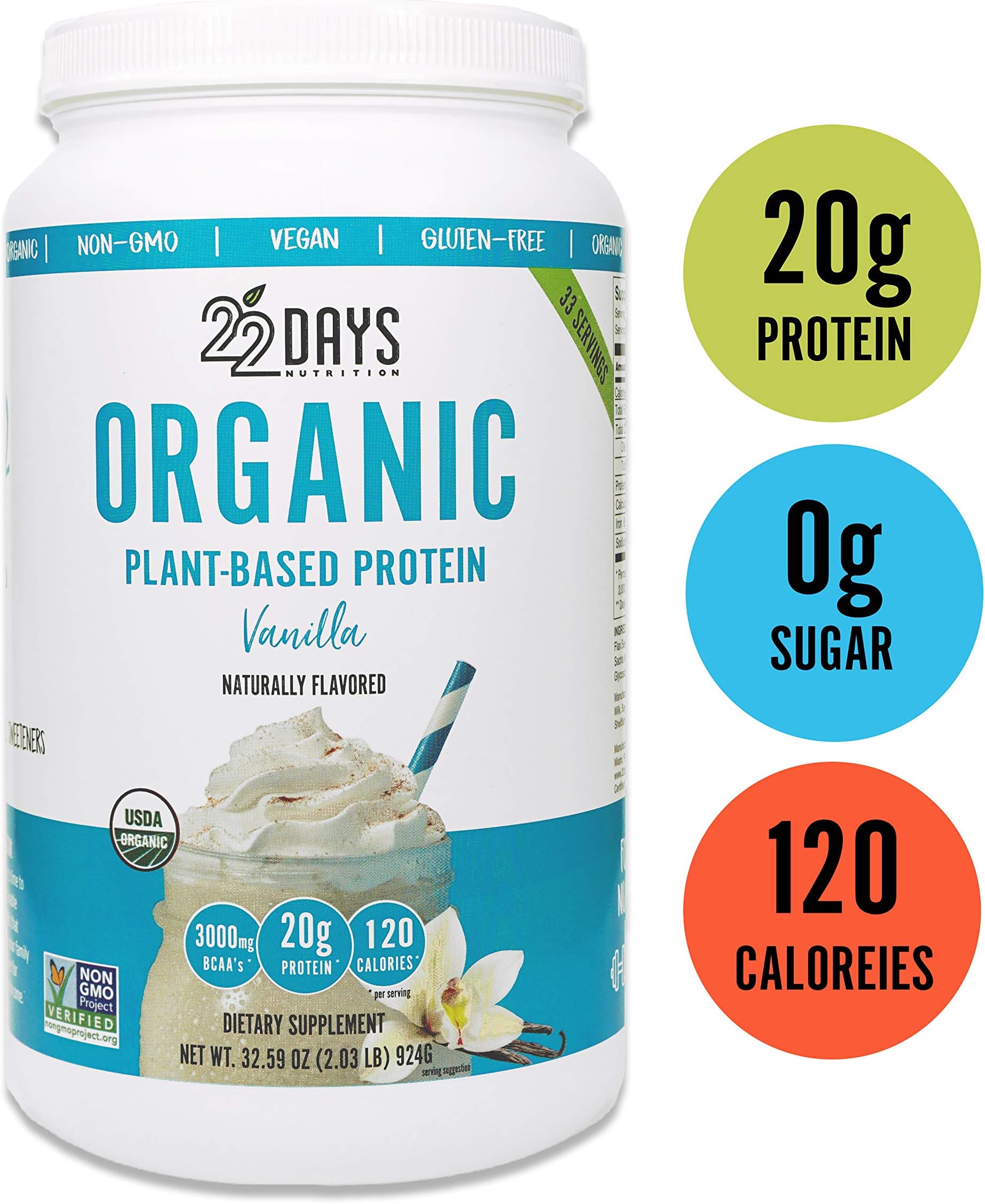 22 Days Nutrition Organic Protein Powder, Vanilla, 32.59 Ounce Gluten