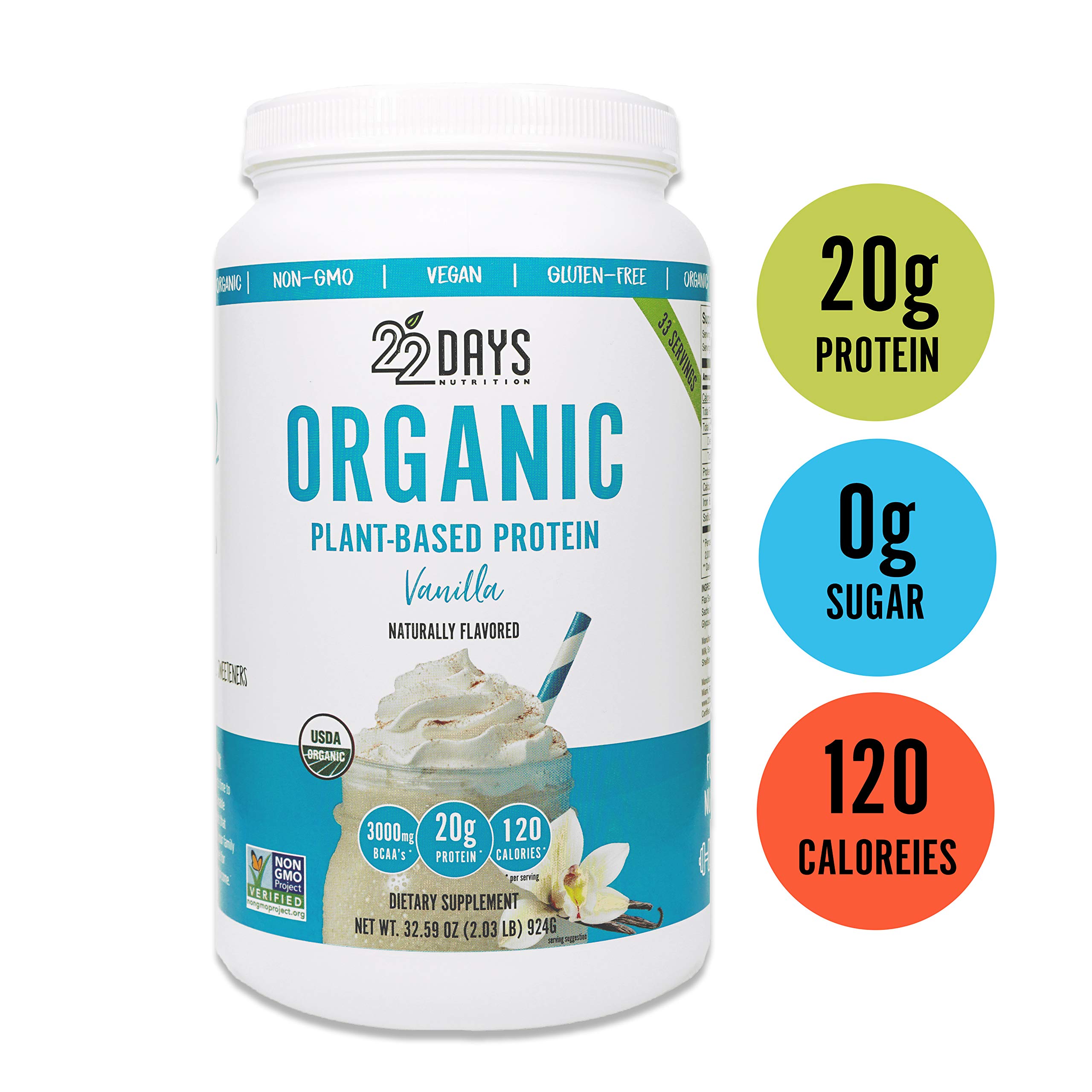 22 Days Nutrition Organic Protein Powder, Vanilla, 32.59 Ounce Gluten