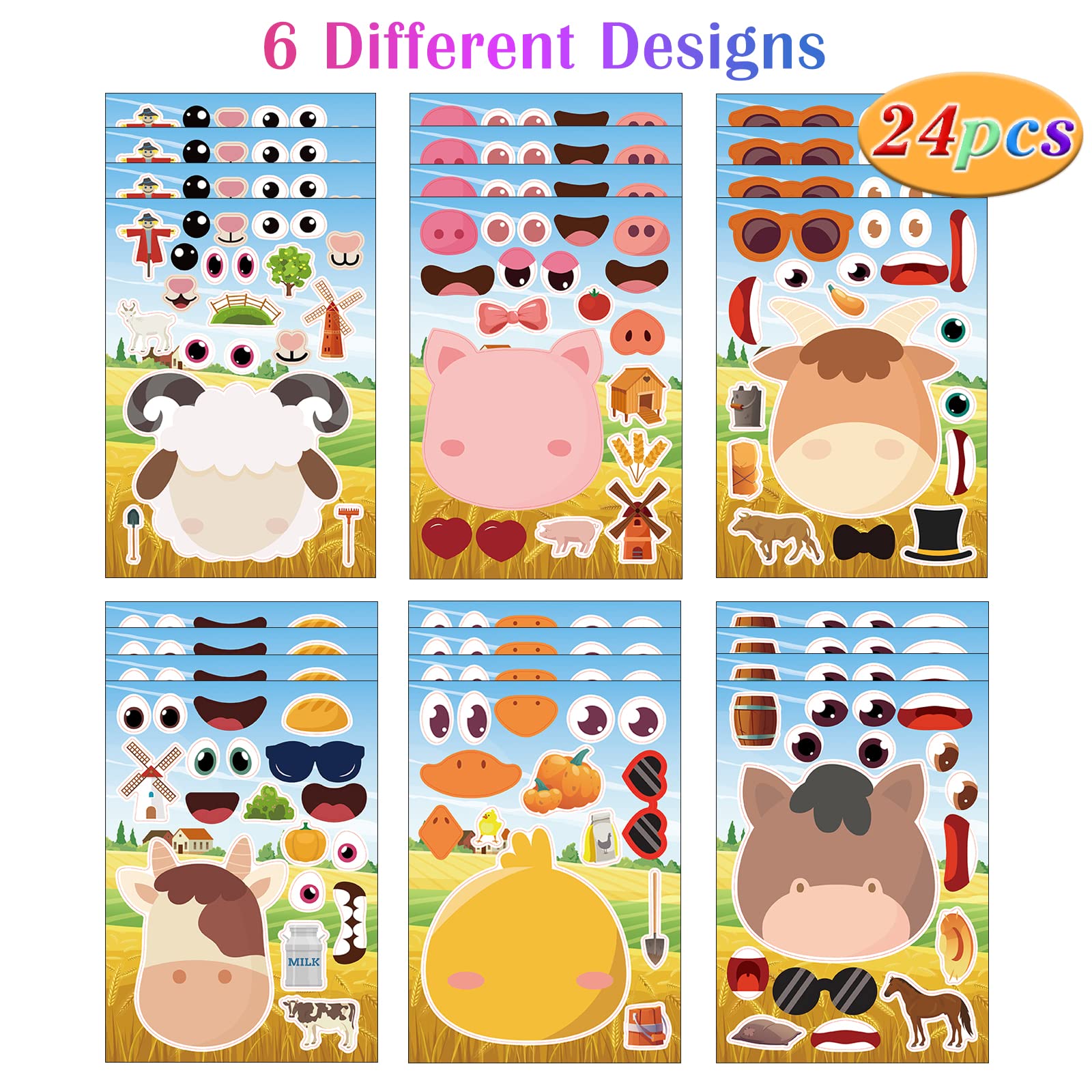 24 Sheets Farm Animal Make a Face Sticker Sheets for Kids Todders Activities, Make Your Own Stickers for Kids Birthday Party Favor Supplies Craft