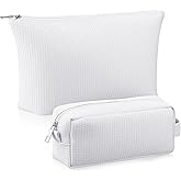 Sunnymove 2 Pcs Waffle Makeup Pouch Bag Travel Cosmetic Bag for Women Soft Aesthetic Makeup Organizer Portable Pouch for Bridesmaid, Wedding, Christmas(White)