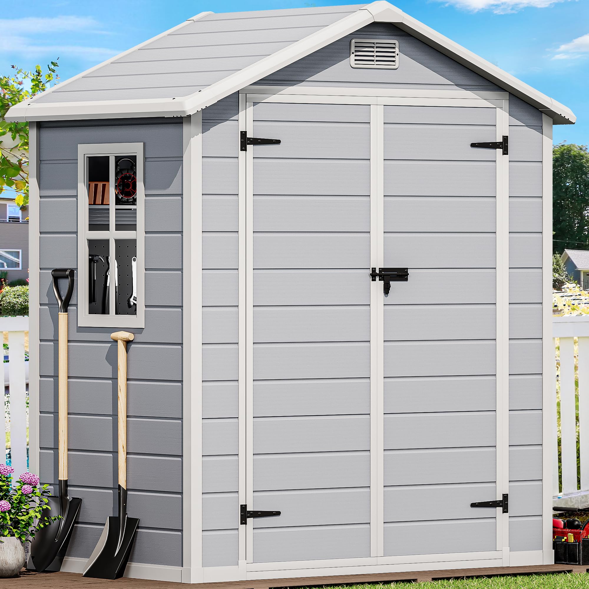 Photo 1 of DWVO 6x4 FT Outdoor Resin Storage Shed with Reinforced Floor, All-Weather Bike Storage Shed with Lockable Door, Window and Vent, Waterproof Plastic Tool Storage for Garden, Backyard, Patio, Lawn