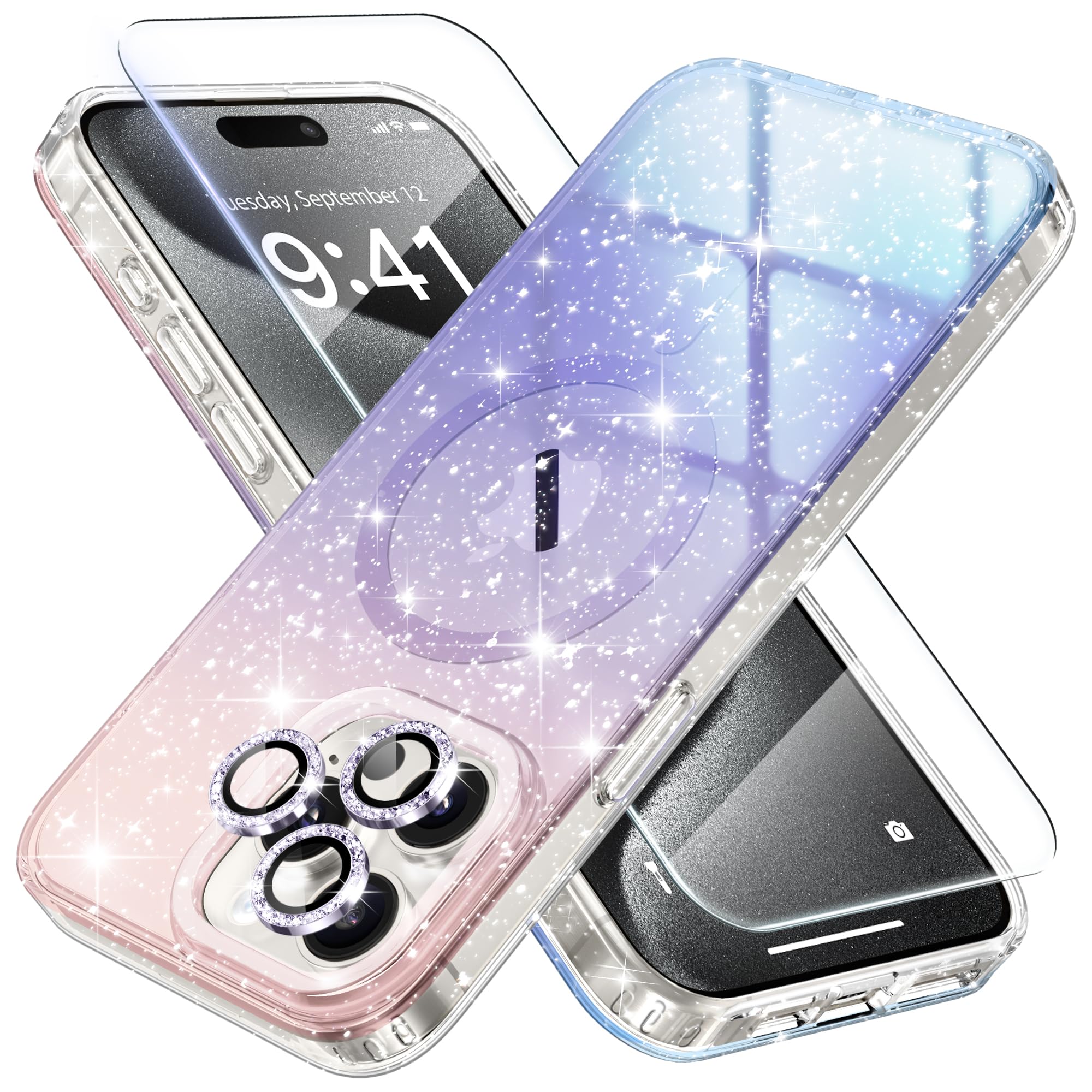 Photo 1 of BERFY for iPhone 15 Pro Case Glitter 6.1", Compatible with Magsafe, Women Clear Bling Cute Magnetic Hard Phone Cover, [with 9H Tempered Screen Protector] [3X Diamond Camera Lens Protectors], Gradient
