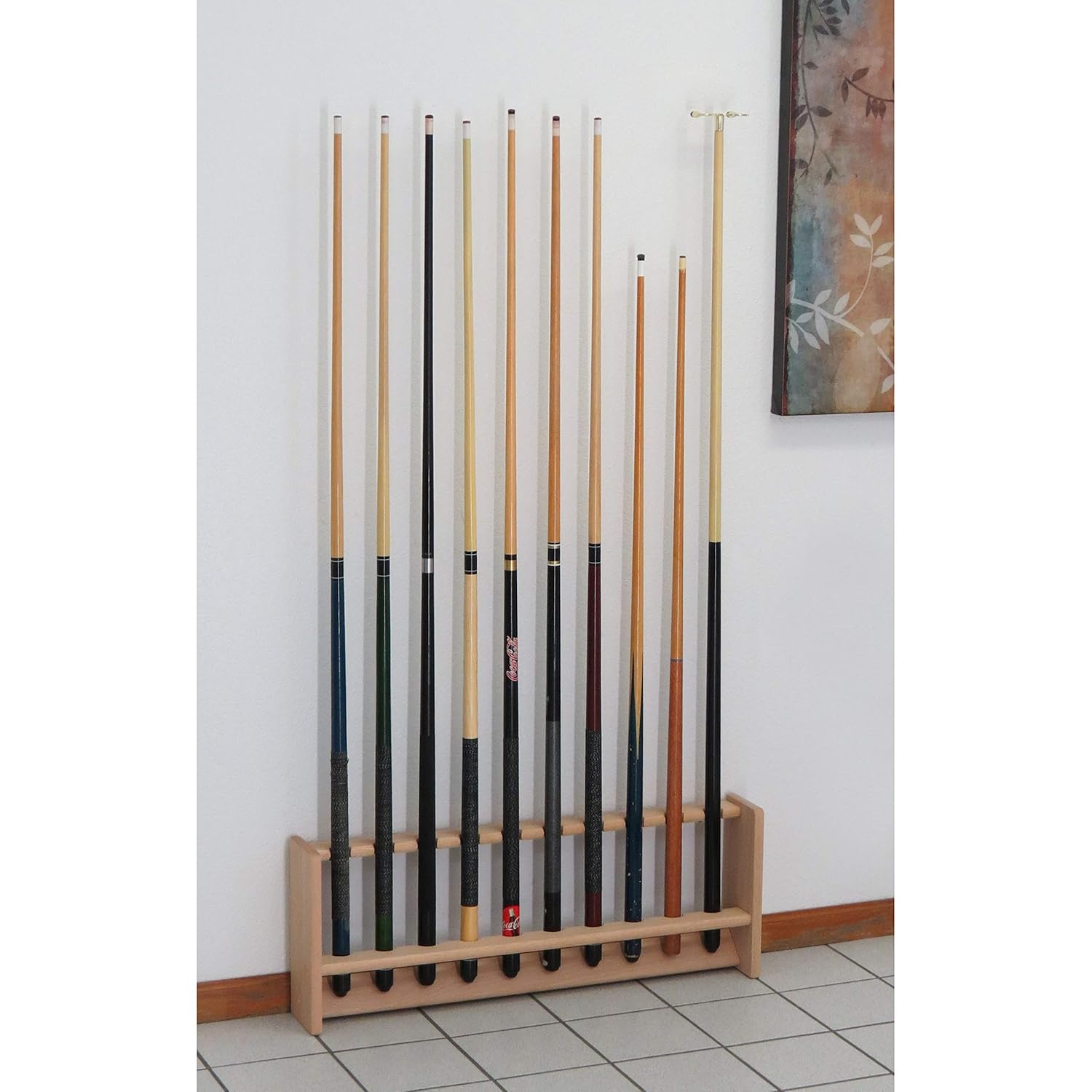 Wood Brown Beige 10 Pool Cue Rack Billiard Sports Pool Table Accessory