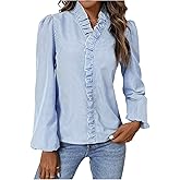SweatyRocks Women's Striped Long Sleeve Blouse Ruffle V Neck Work Shirt Tops