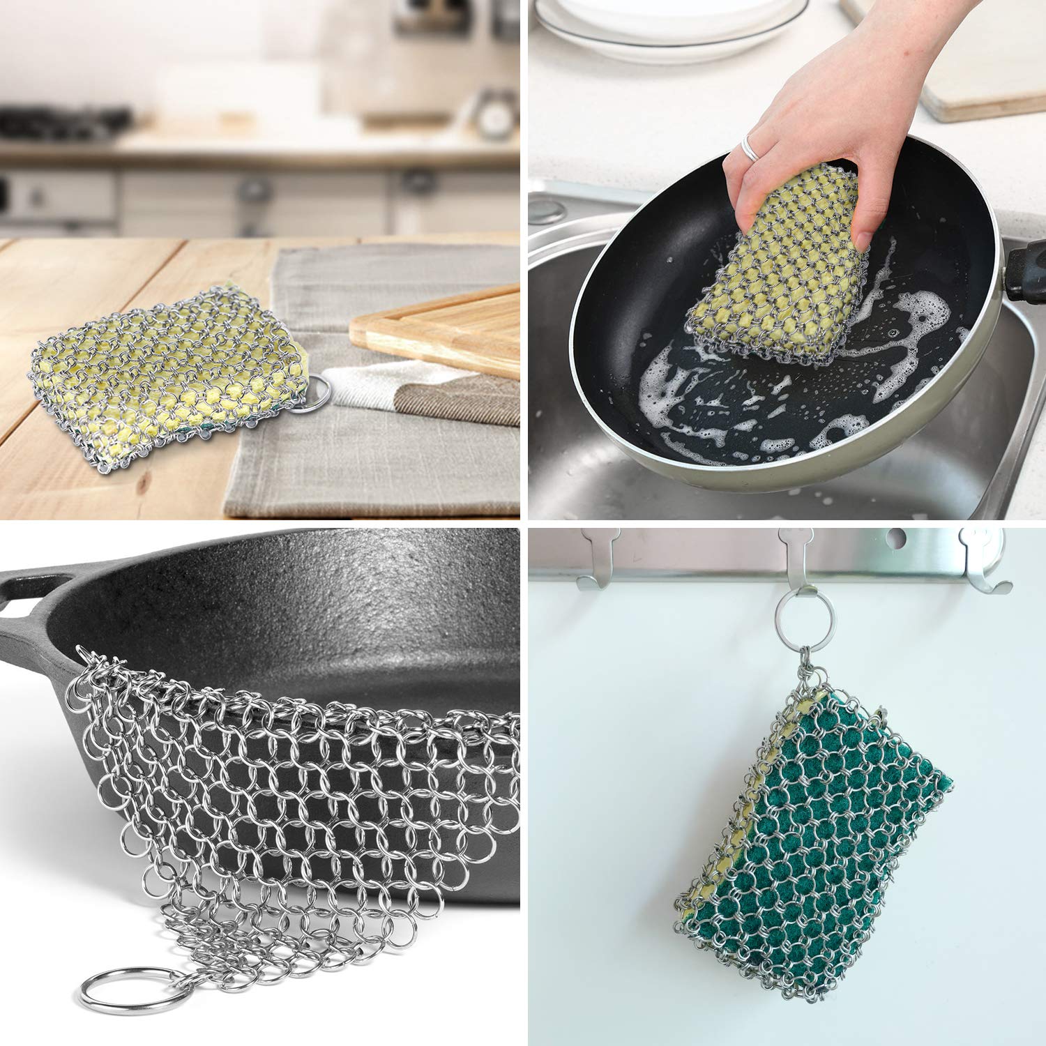 Tafond Cast Iron Skillet Cleaner with Wood Pulp Sponge Stainless Steel Chainmail Scrubber Cookware Pan Pot Dutch Oven Grill Scraper & Scrubber