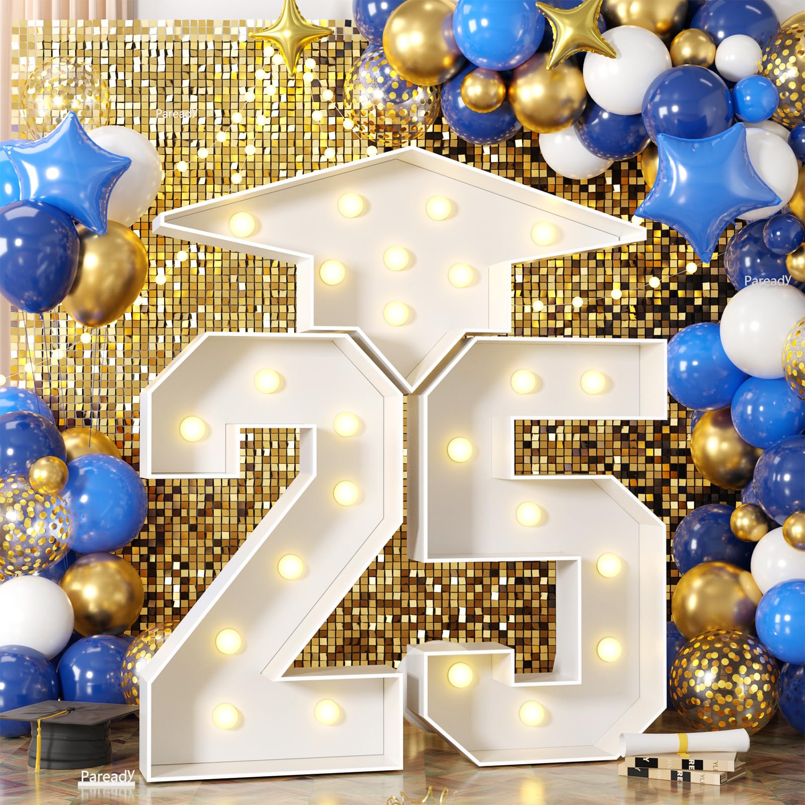 Photo 1 of 4.5FT Graduation Decorations Class of 2025 - Large Marquee Numbers 25 with Graduation Cap, Mosaic Frame Number Pre-Cut Cardboard Light Up Kit for Kindergarten Preschool High School College Prom Party