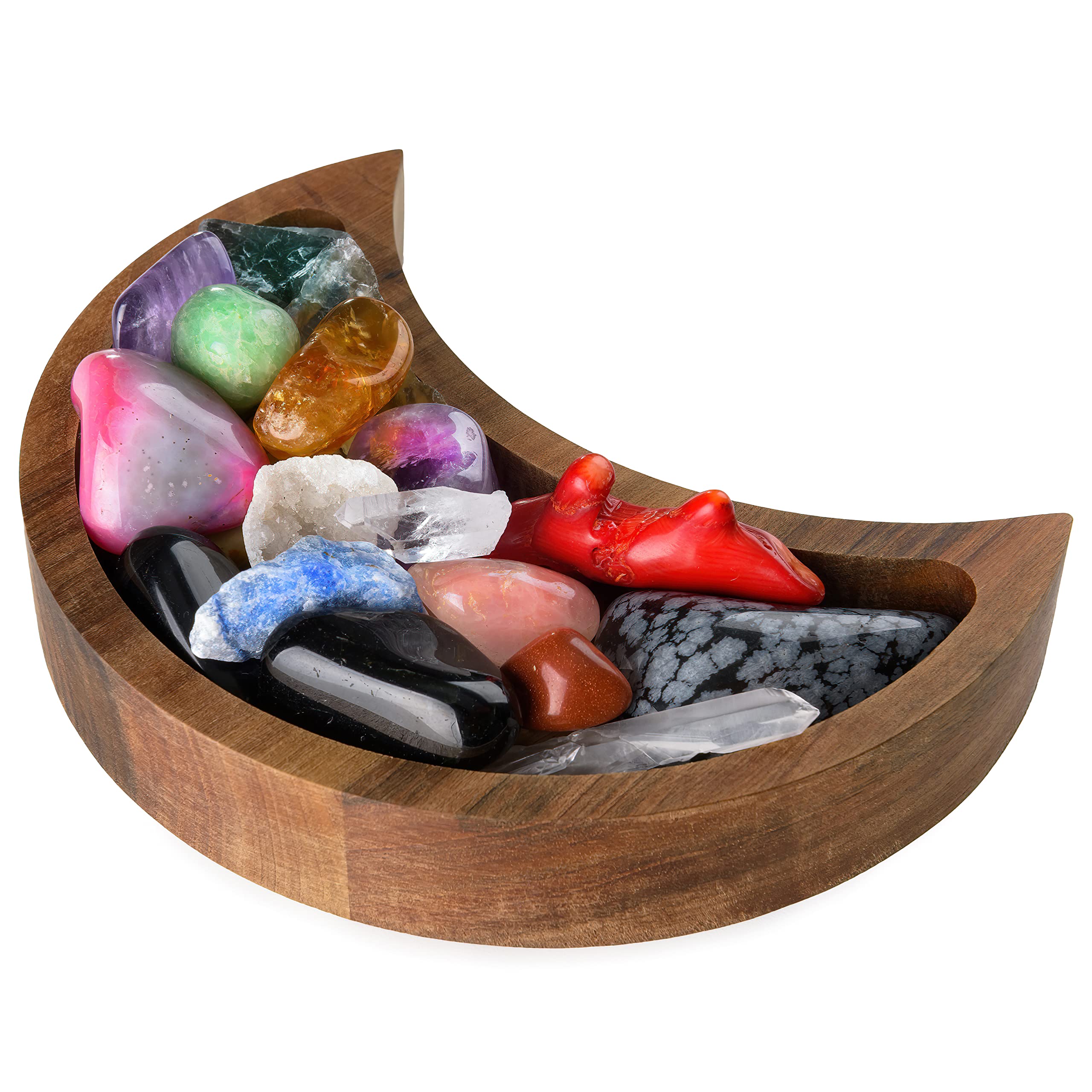 Curawood Crescent Moon Tray - Showcase Your Gems & Healing Stones - 15.2 x 7.6 cm Wooden Crystal Display Tray, Crystal Holder for Stones Display Shelf, Gemstone Rock Holder Charging Bowl, Walnut, S