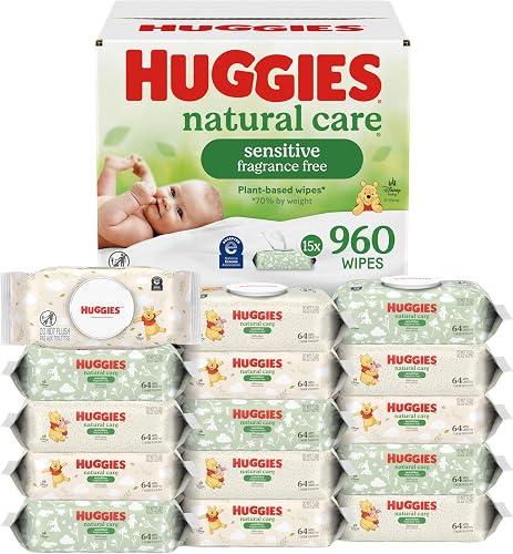 Huggies Natural Care Sensitive Baby Wipes, Unscented, Hypoallergenic, 99% Purified Water, 15 Flip-Top Packs (960 Wipes Total)