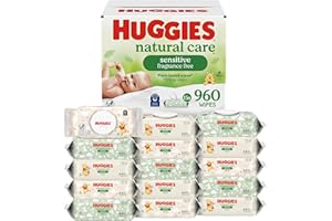 Huggies Natural Care Sensitive Lingettes pour bébé, non parfumées, hypoallergéniques, 99 % d'eau purifiée, 15 paquets à rabat (960 lingettes au total)