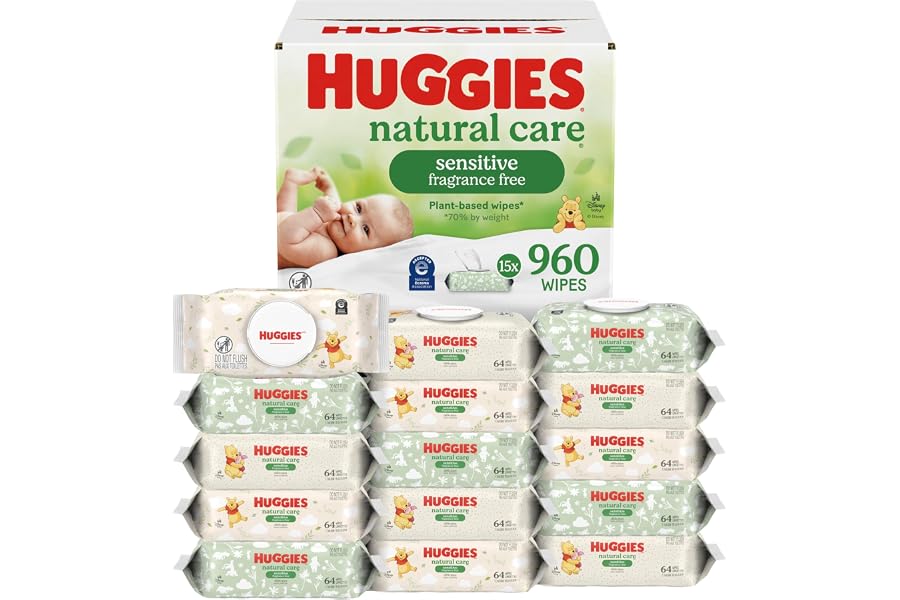 Huggies Natural Care Sensitive Baby Wipes, Unscented, Hypoallergenic, 99% Purified Water, 15 Flip-Top Packs (960 Wipes Total)