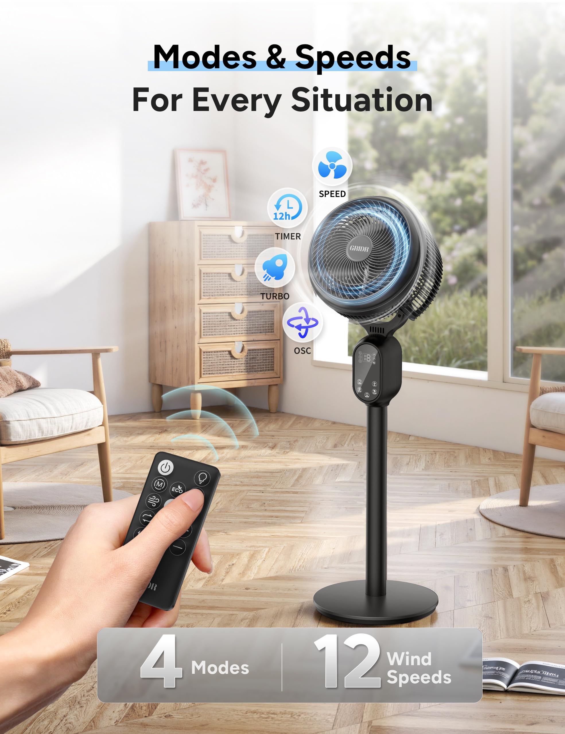 GRIDR Fan For Bedroom, Pedestal Fans 90°+90° Smart Oscillating, Standing Fans for Home 12 Speeds, 4 modes, Quiet Floor Fan with DC Motor 20dB, 12H Timer, 90ft for Room, 22-35'' Adjustable Height-Black