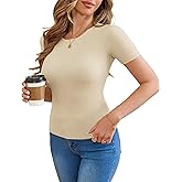 GoMamee Women's Short Sleeve Crewneck T Shirt Summer Ribbed Knit Slim Fit Basic Tees Solid Color Modest Tops S-XL