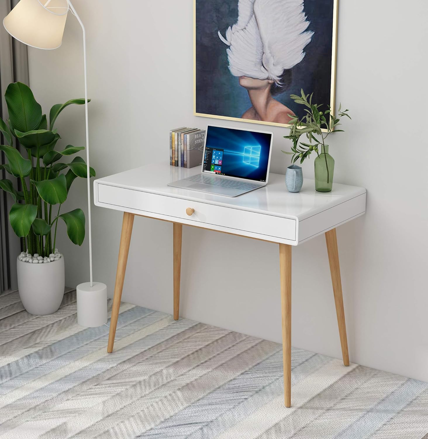 Home Office Writing Desk Computer Desk with Drawer, Simple Modern Makeup Vanity Table, White: Kitchen & Dining