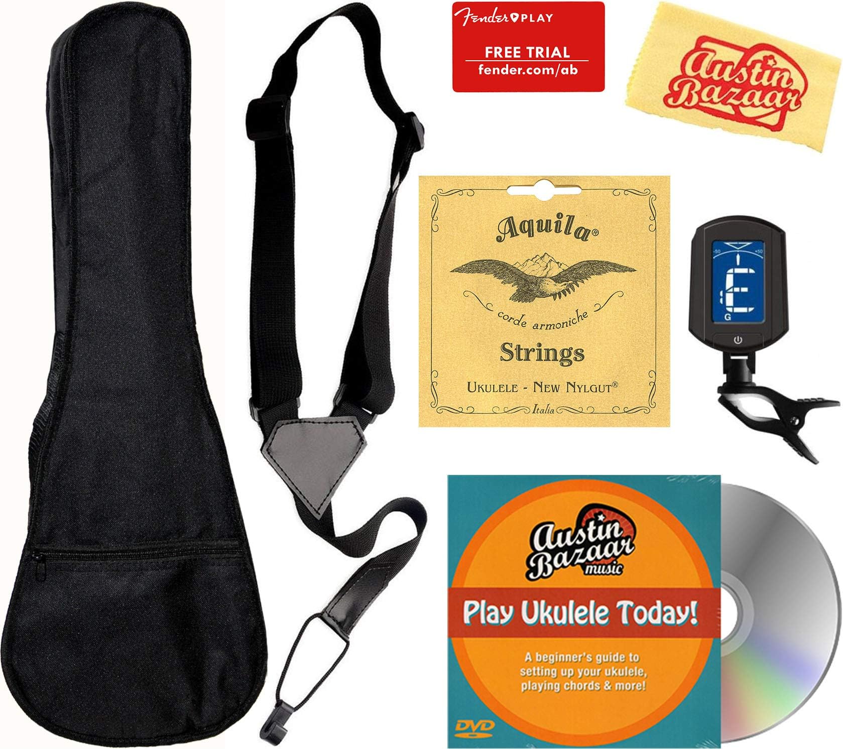 Soprano Ukulele Accessory Bundle with Gig Bag, Aquila Strings, Tuner, Strap, Fender Play Online Lessons, Austin Bazaar Instructional DVD, and Polishing Cloth